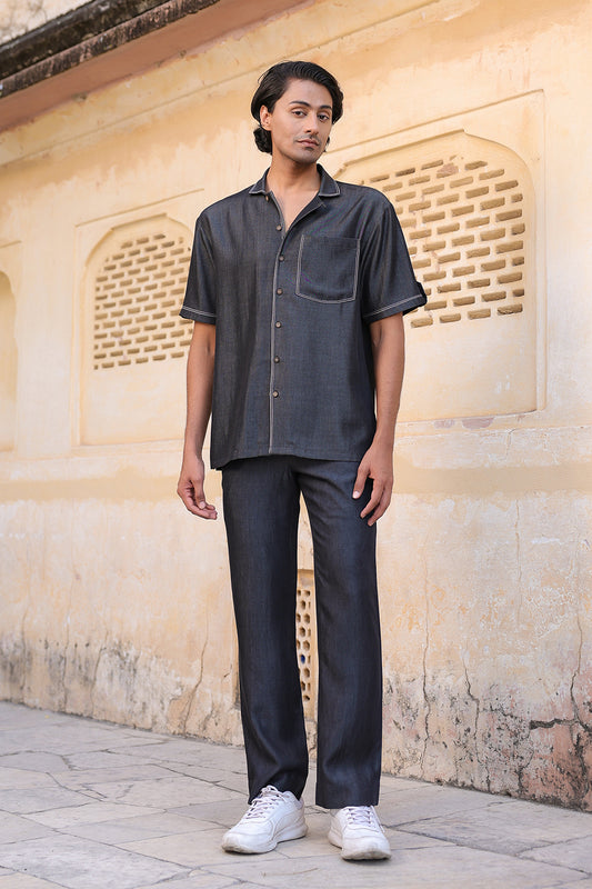 Black Denim Cuban Collar Shirt