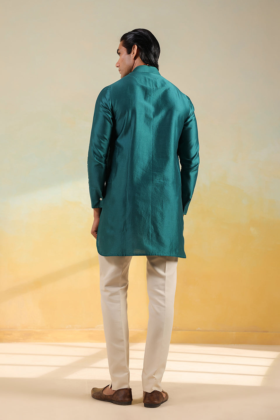 Teal Blue Pintuck Ombré Silk Kurta
