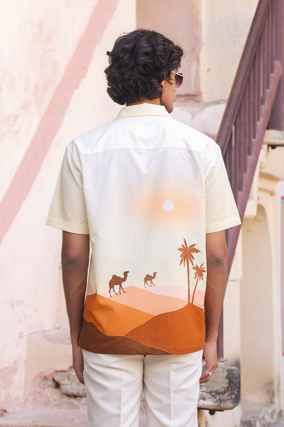 Yellow Embroidered Cuban Collar Shirt Camel