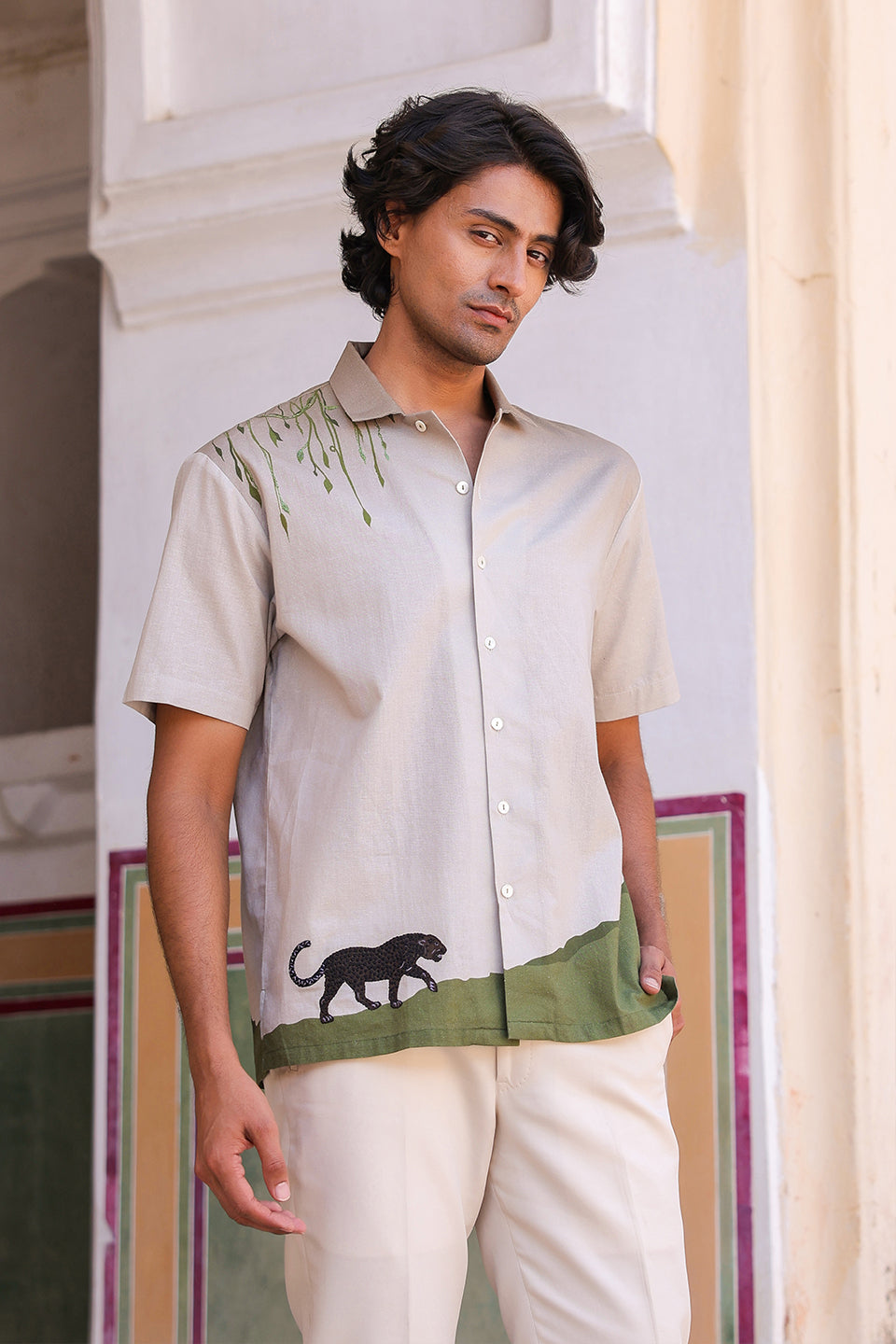 Ivory Embroidered Cuban Collar Shirt Panther
