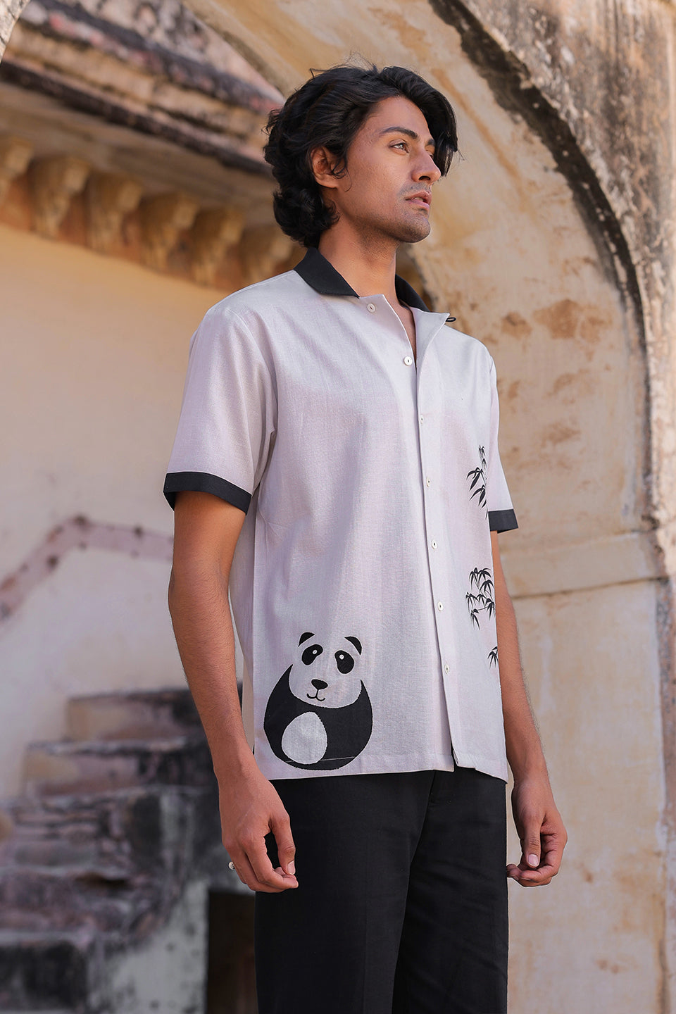 Ivory Embroidered Cuban Collar Shirt Panda