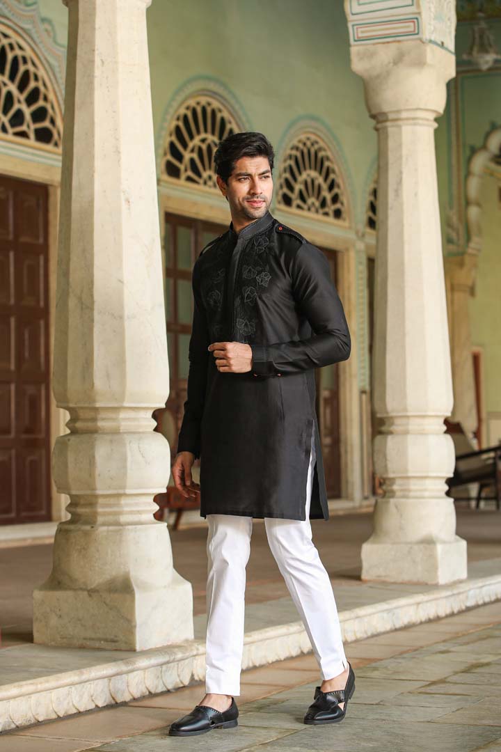 Black Applique Embroidered Silk Kurta