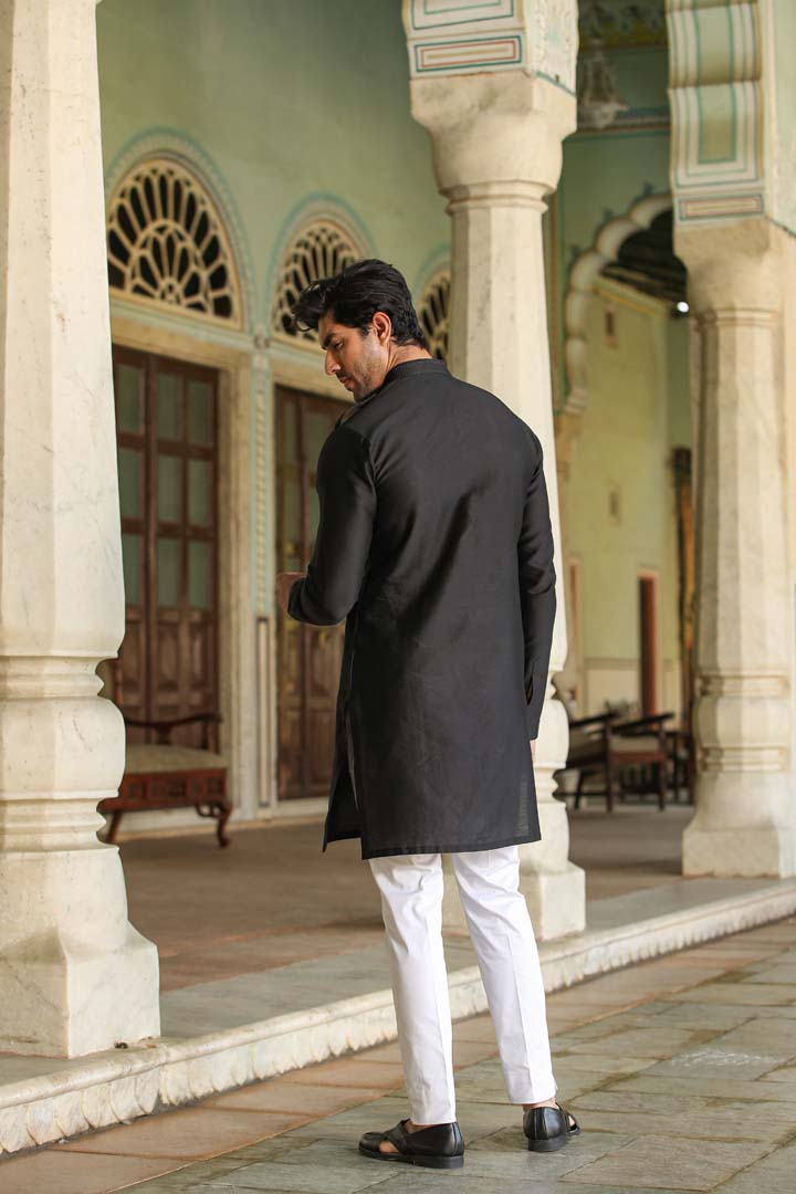 Black Applique Embroidered Silk Kurta