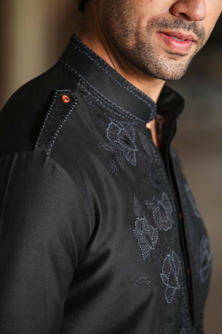 Black Applique Embroidered Silk Kurta