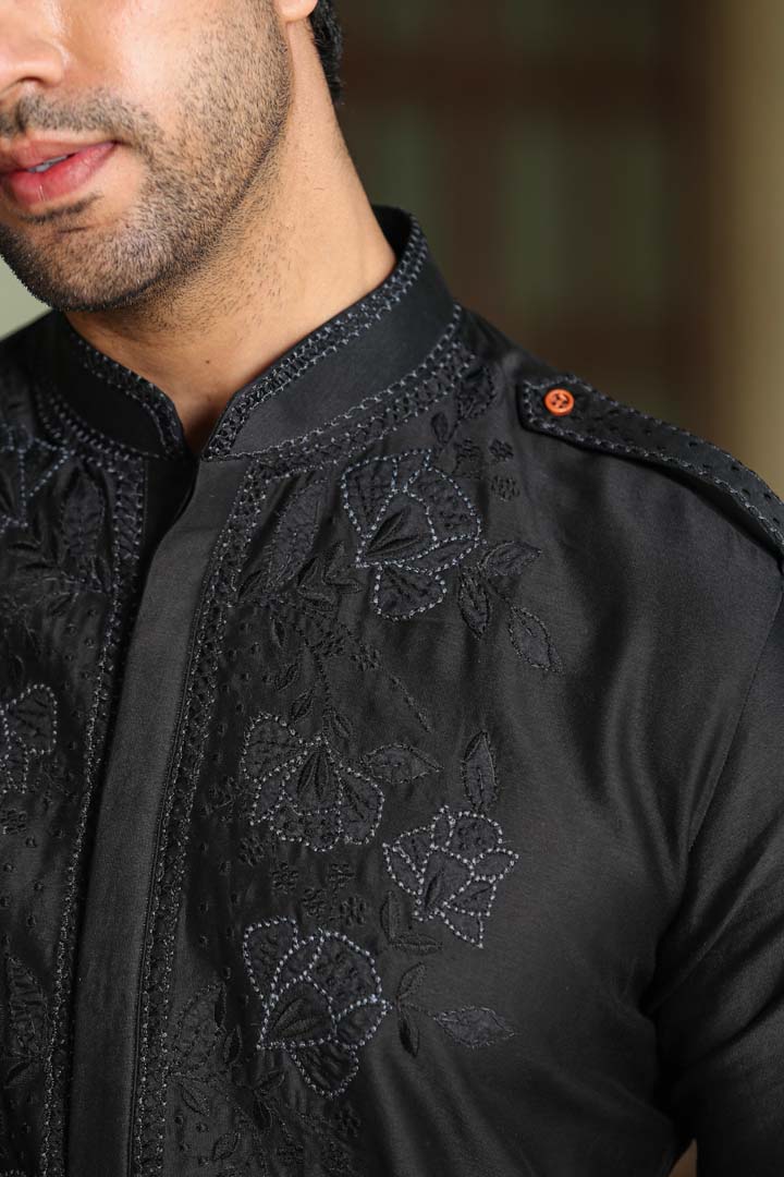 Black Applique Embroidered Silk Kurta