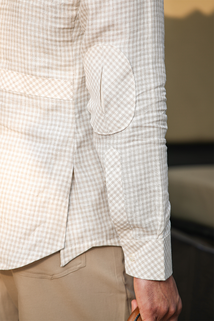 Beige Signature Fine Checkered Linen Kurta Shirt