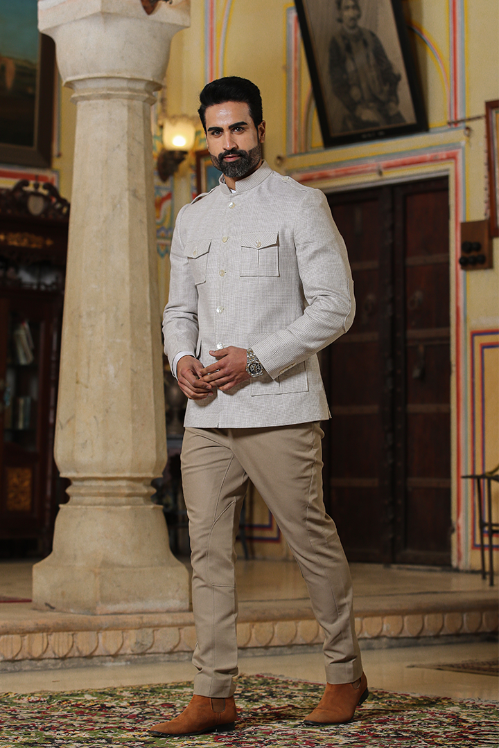 Beige Checkered Bandhgala Jacket