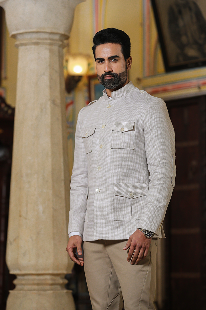 Beige Checkered Bandhgala Jacket