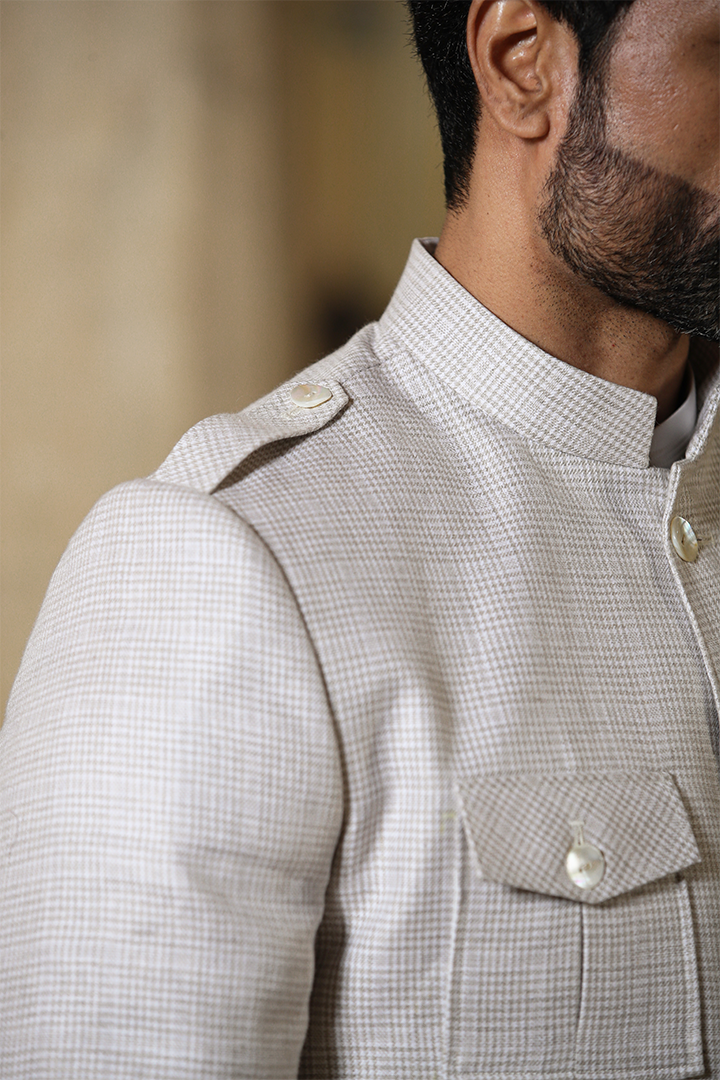 Beige Checkered Bandhgala Jacket