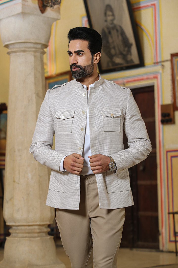 Beige Checkered Bandhgala Jacket