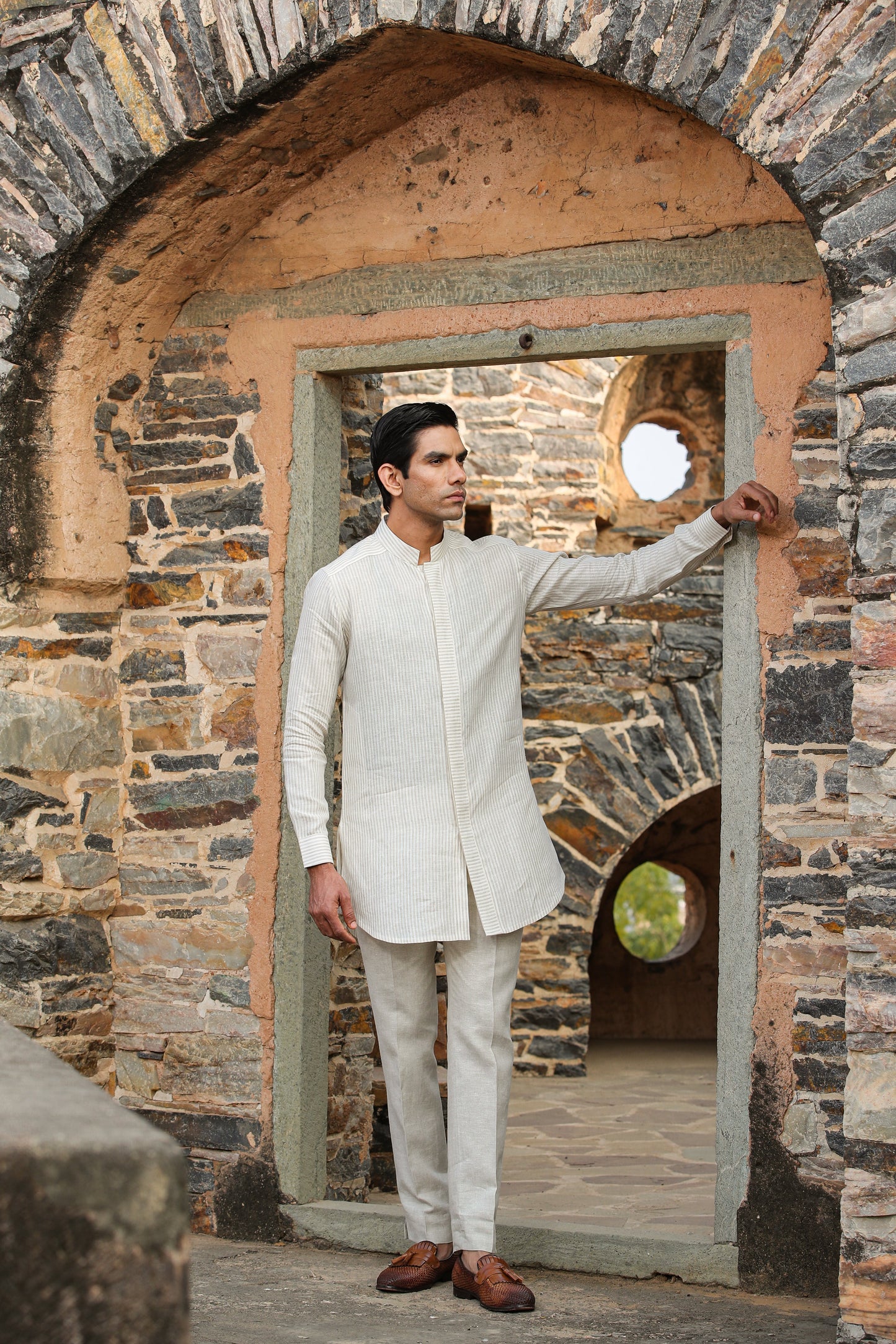 Cream Signature Reversible Striped Bandi & Kurta Set