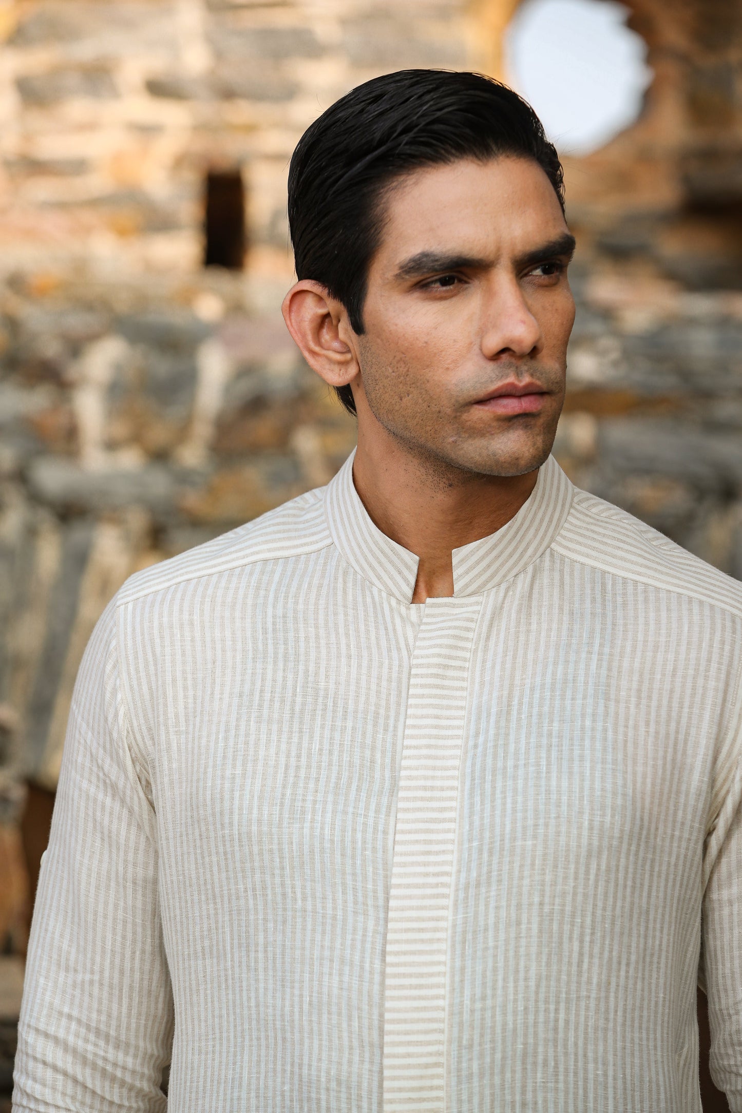Cream Signature Reversible Striped Bandi & Kurta Set