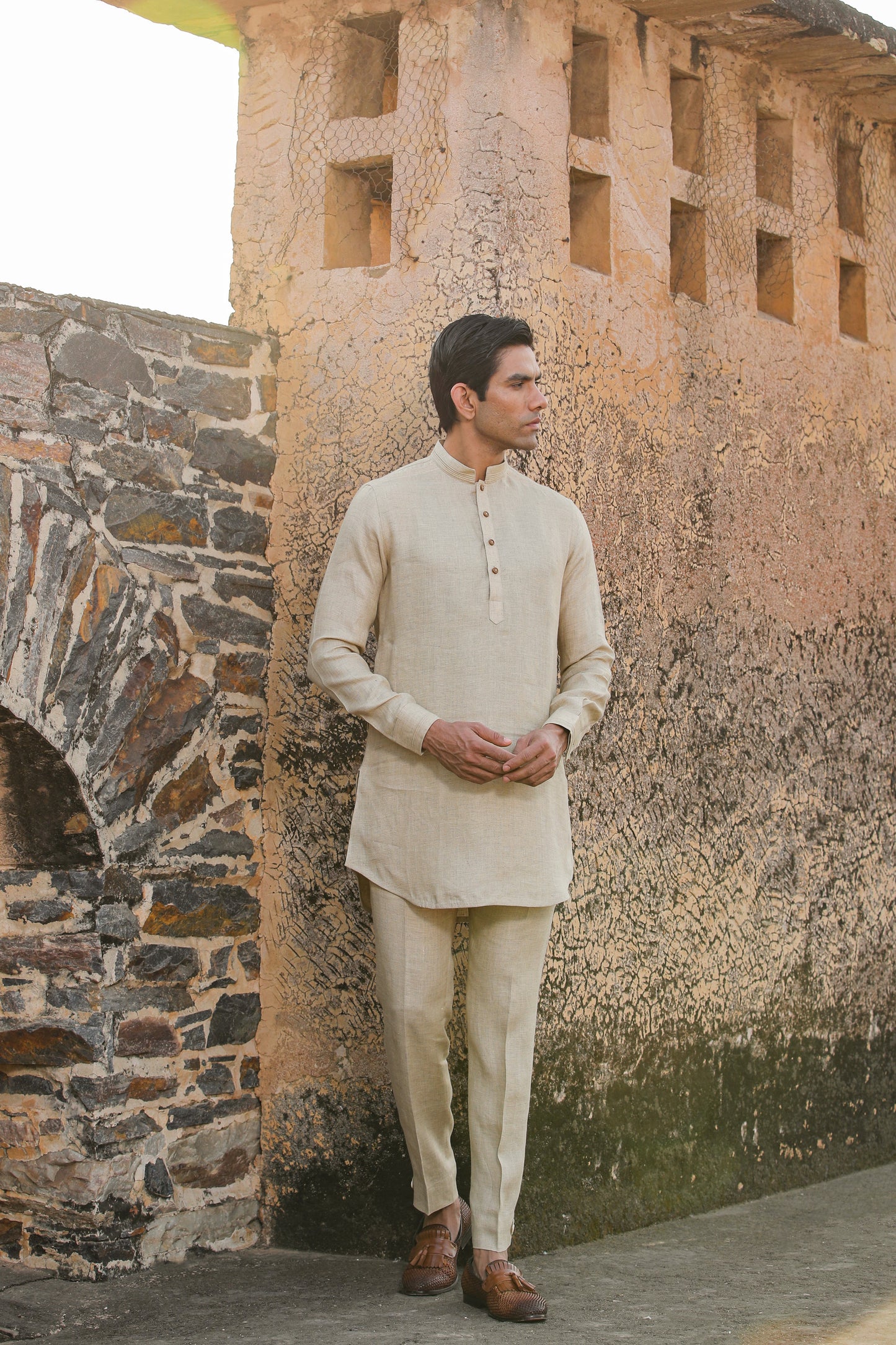 Beige Signature Reversible Checkered Bandi & Kurta Set