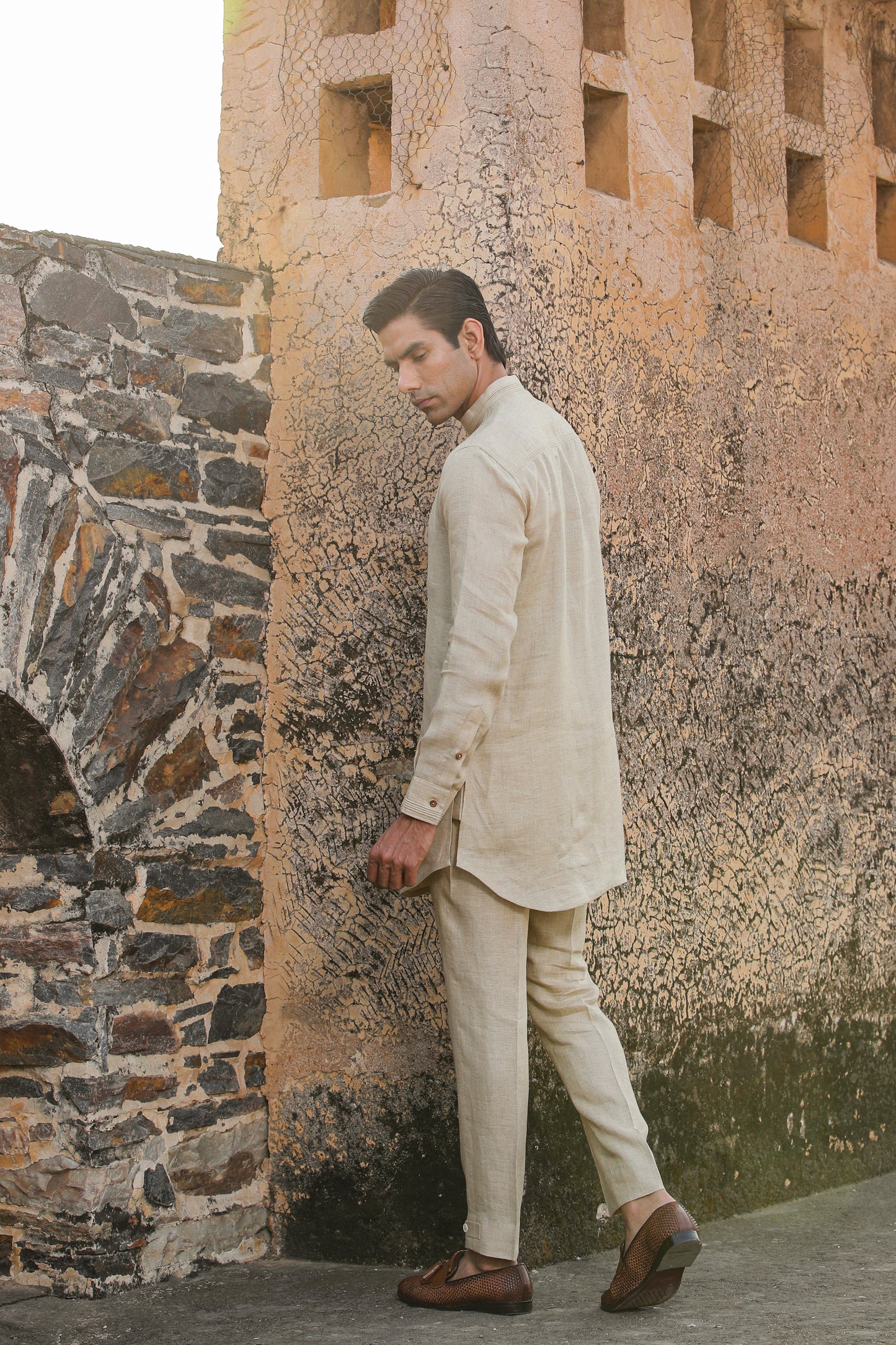 Beige Signature Reversible Checkered Bandi & Kurta Set
