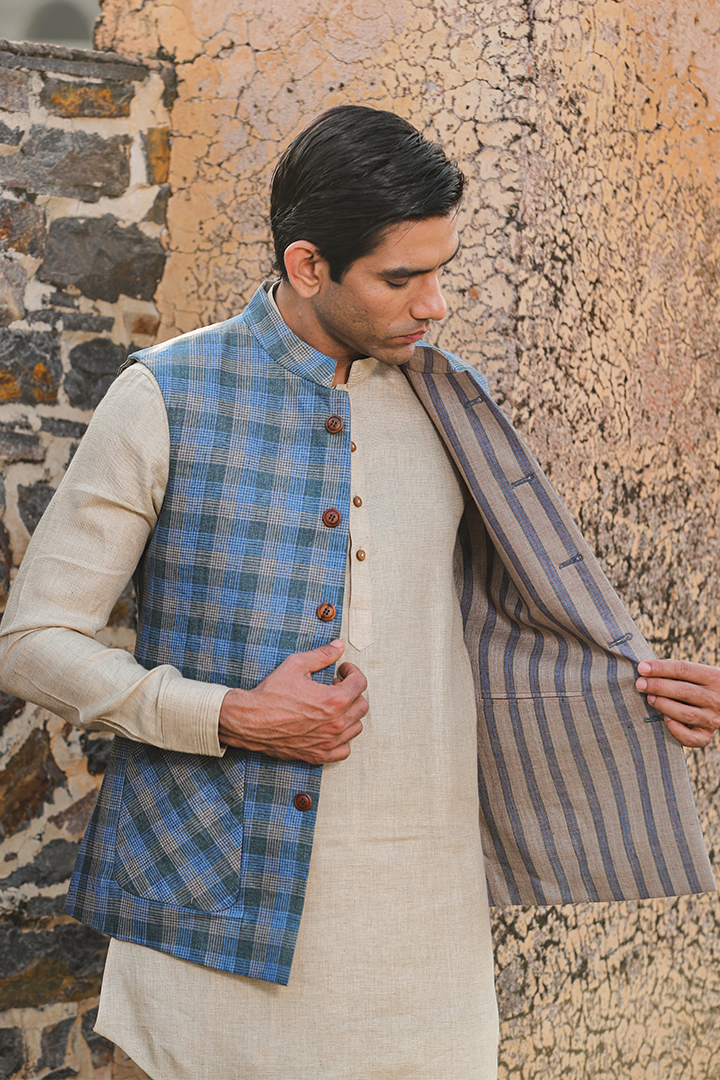 Beige Signature Reversible Checkered Bandi & Kurta Set