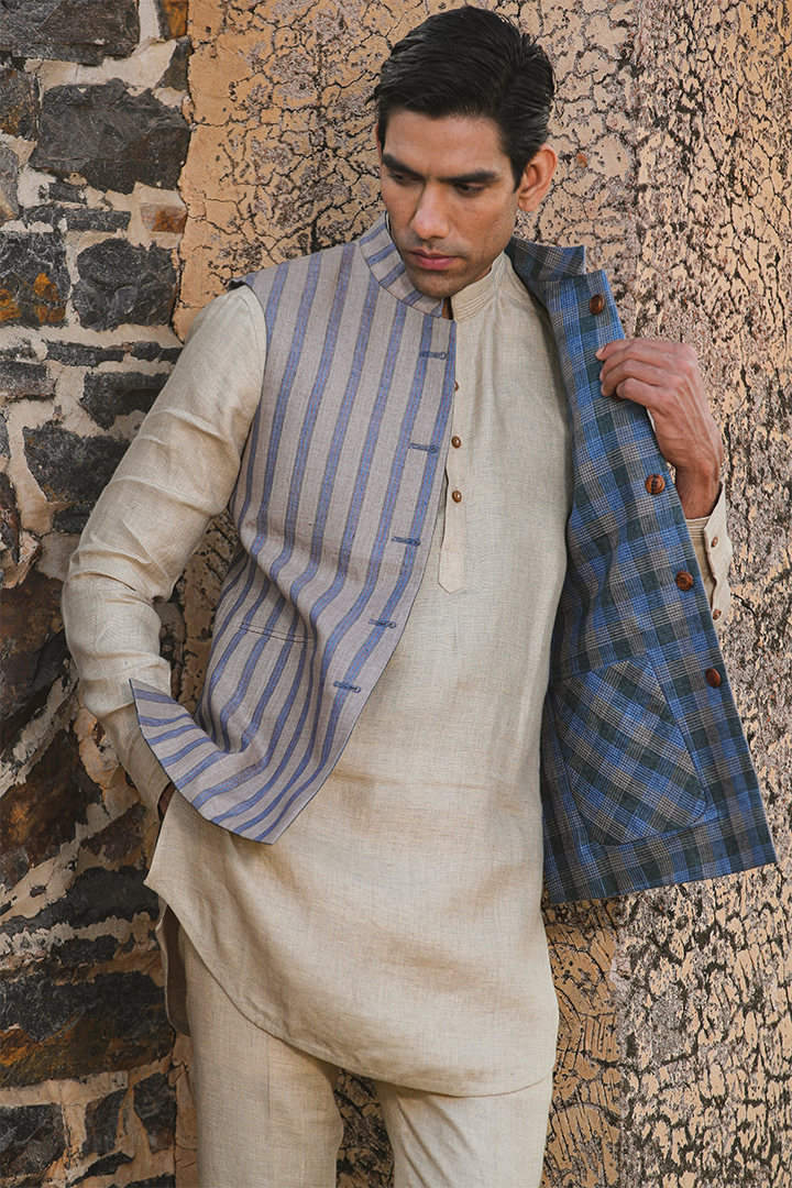 Beige Signature Reversible Checkered Bandi & Kurta Set