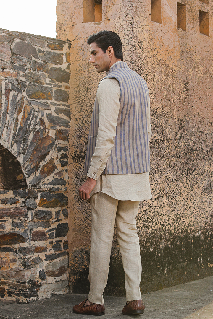 Beige Signature Reversible Checkered Bandi & Kurta Set