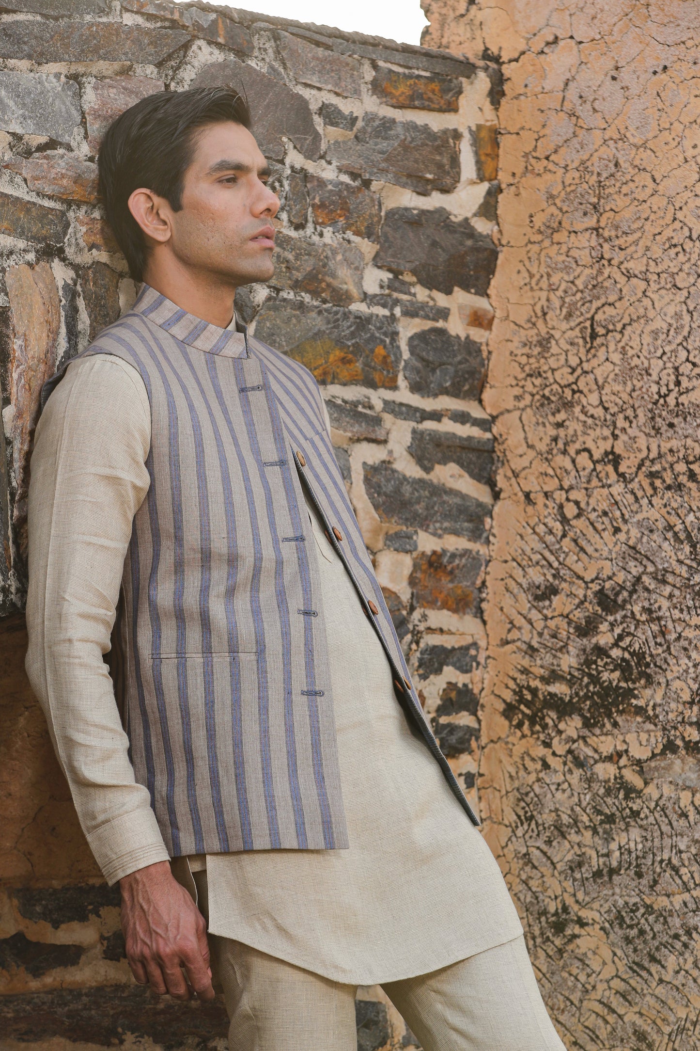 Beige Signature Reversible Checkered Bandi & Kurta Set