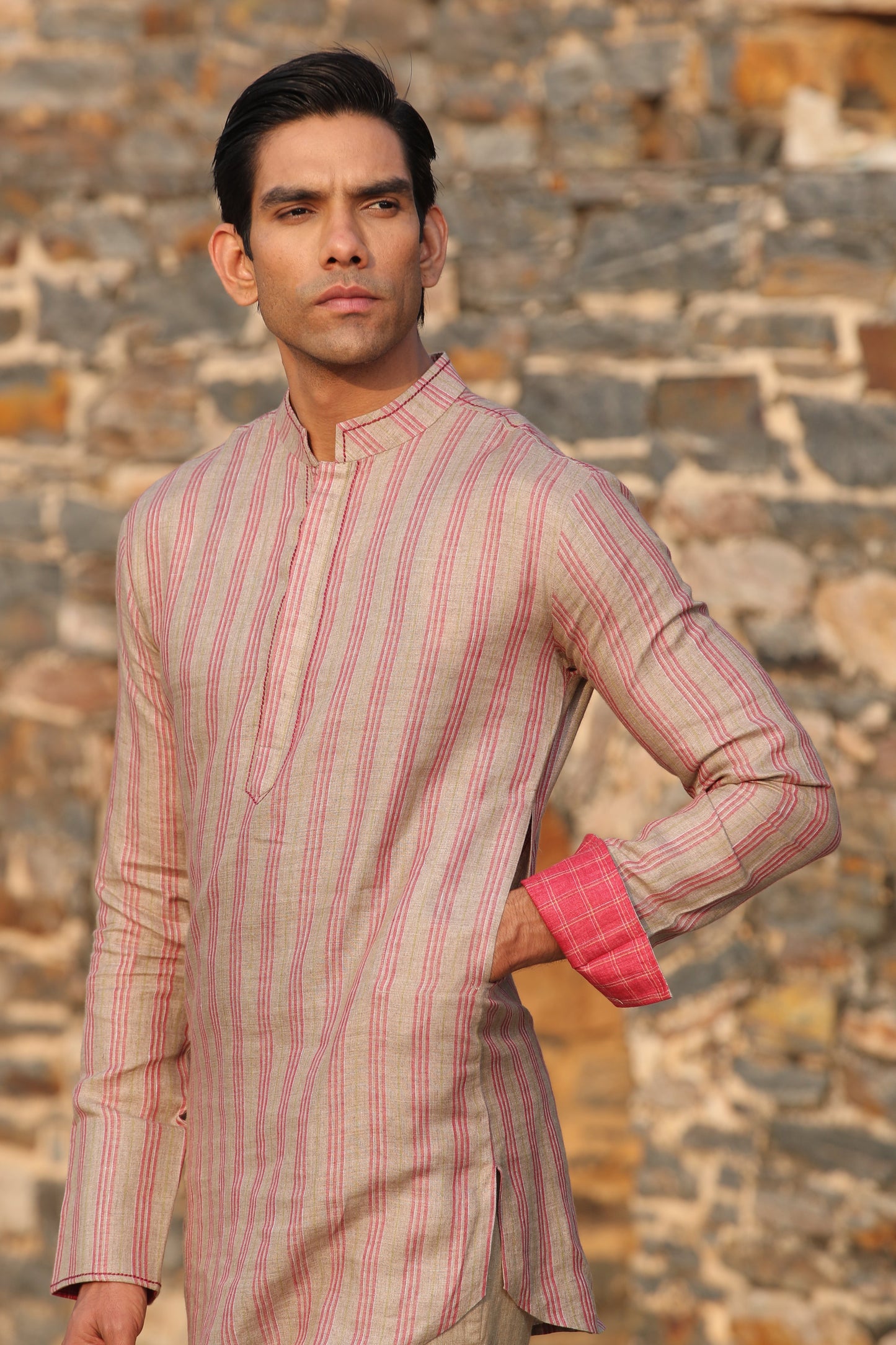 Red Checkered Bandi & Striped Kurta Set