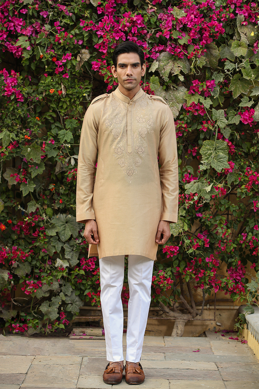Beige Applique Embroidered Silk Kurta