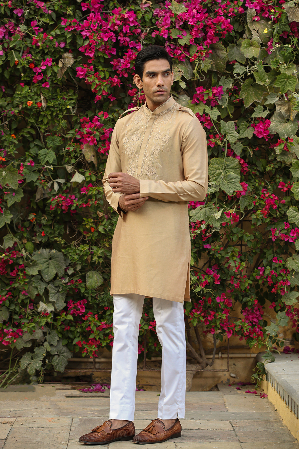 Beige Applique Embroidered Silk Kurta