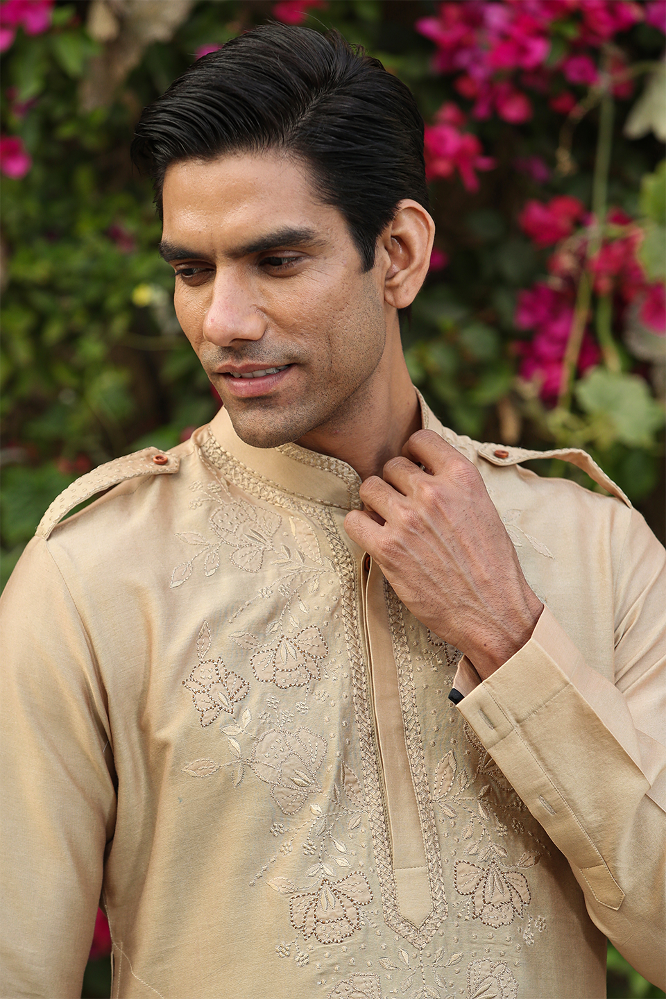 Beige Applique Embroidered Silk Kurta