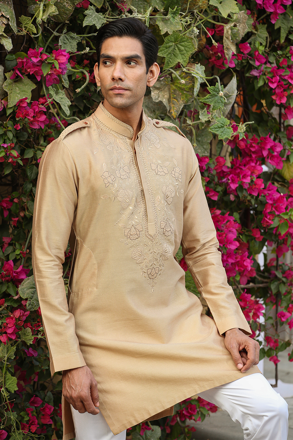 Beige Applique Embroidered Silk Kurta