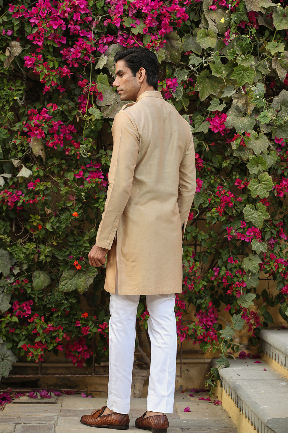 Beige Applique Embroidered Silk Kurta