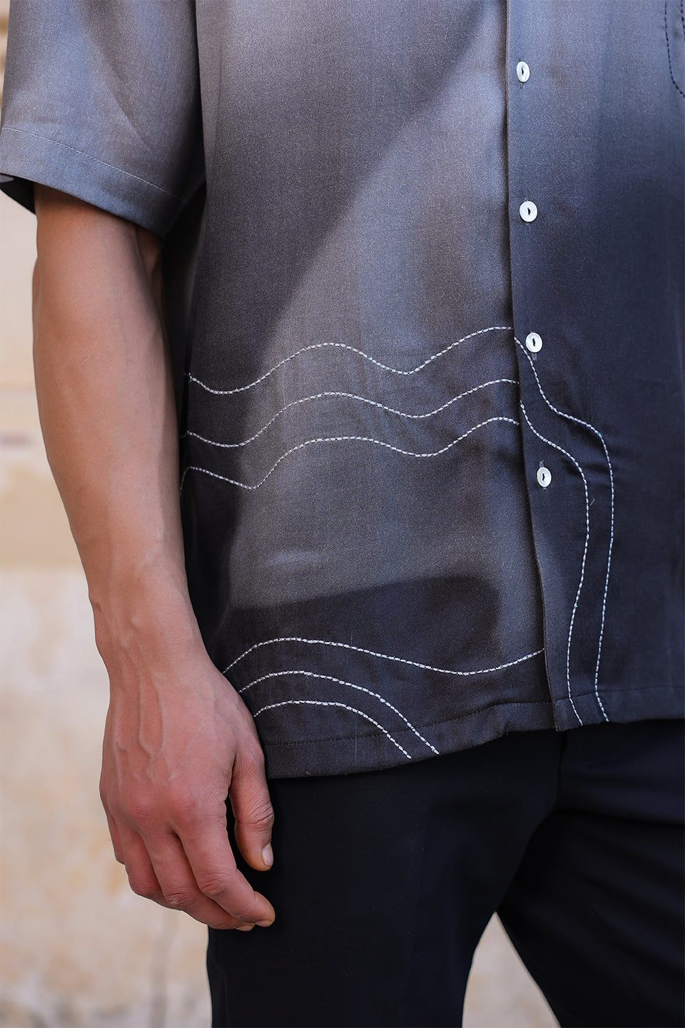 Black Ombre Embroidered Cuban Collar Shirt