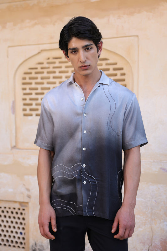 Black Ombre Embroidered Cuban Collar Shirt