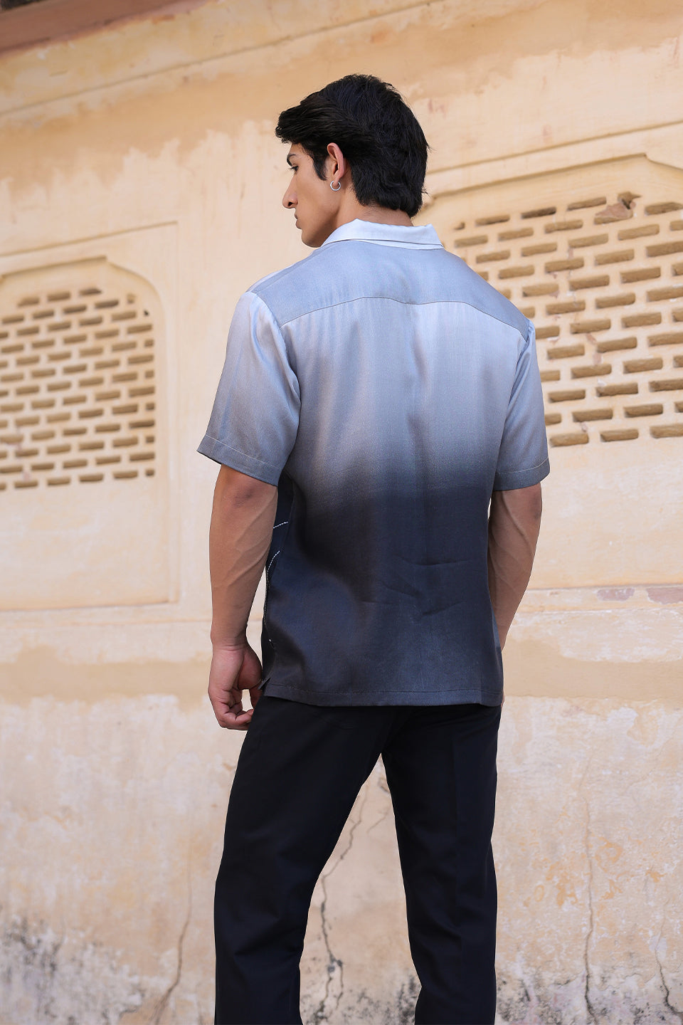 Black Ombre Embroidered Cuban Collar Shirt