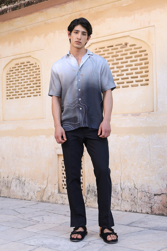 Black Ombre Embroidered Cuban Collar Shirt