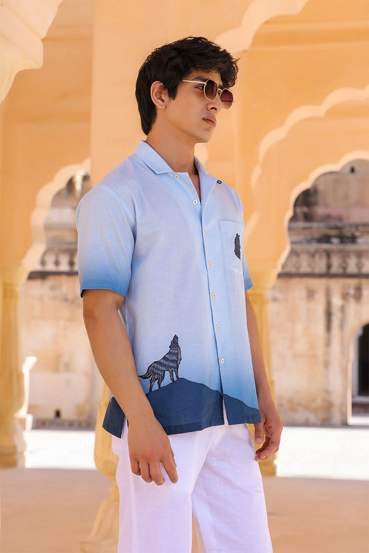 Blue Embroidered Cuban Collar Shirt Wolf