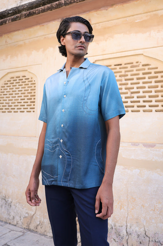 Blue Ombre Embroidered Cuban Collar Shirt