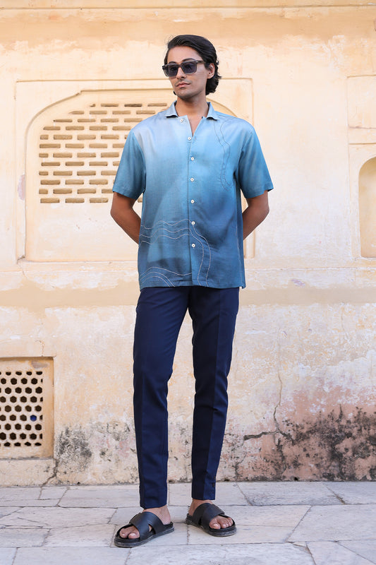 Blue Ombre Embroidered Cuban Collar Shirt