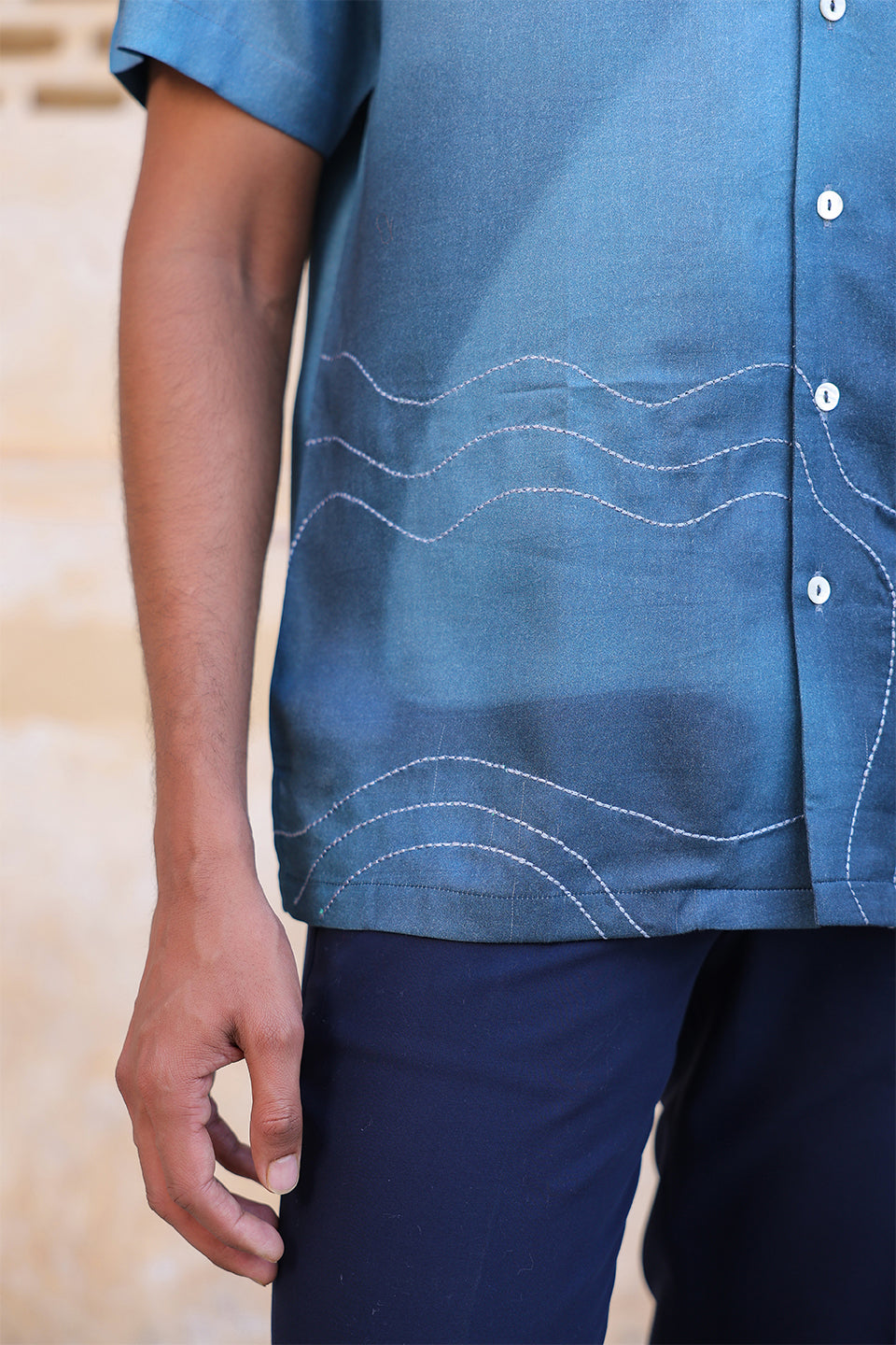 Blue Ombre Embroidered Cuban Collar Shirt