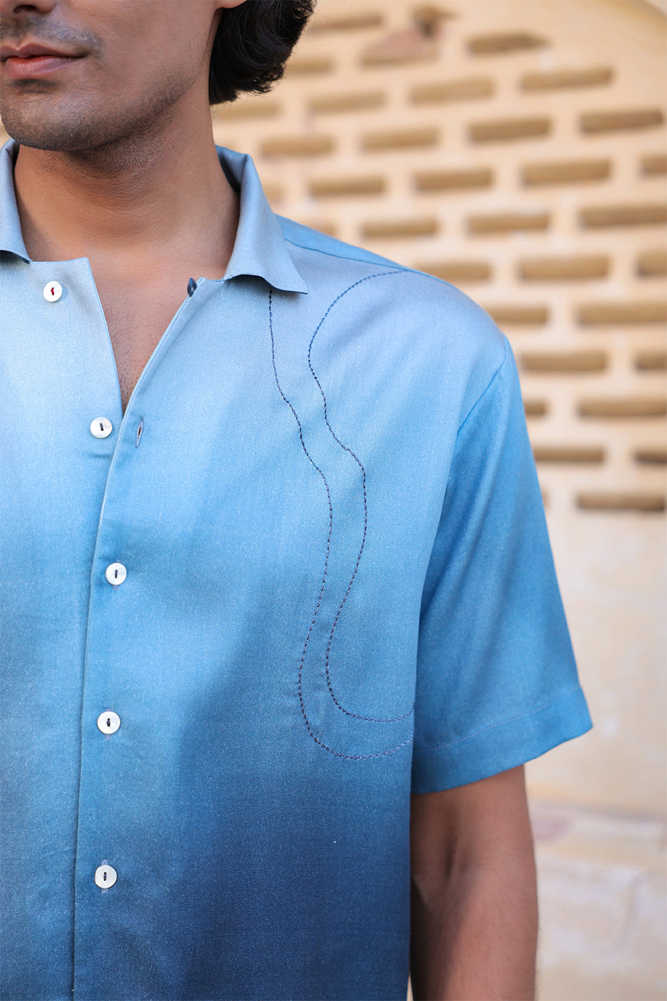 Blue Ombre Embroidered Cuban Collar Shirt