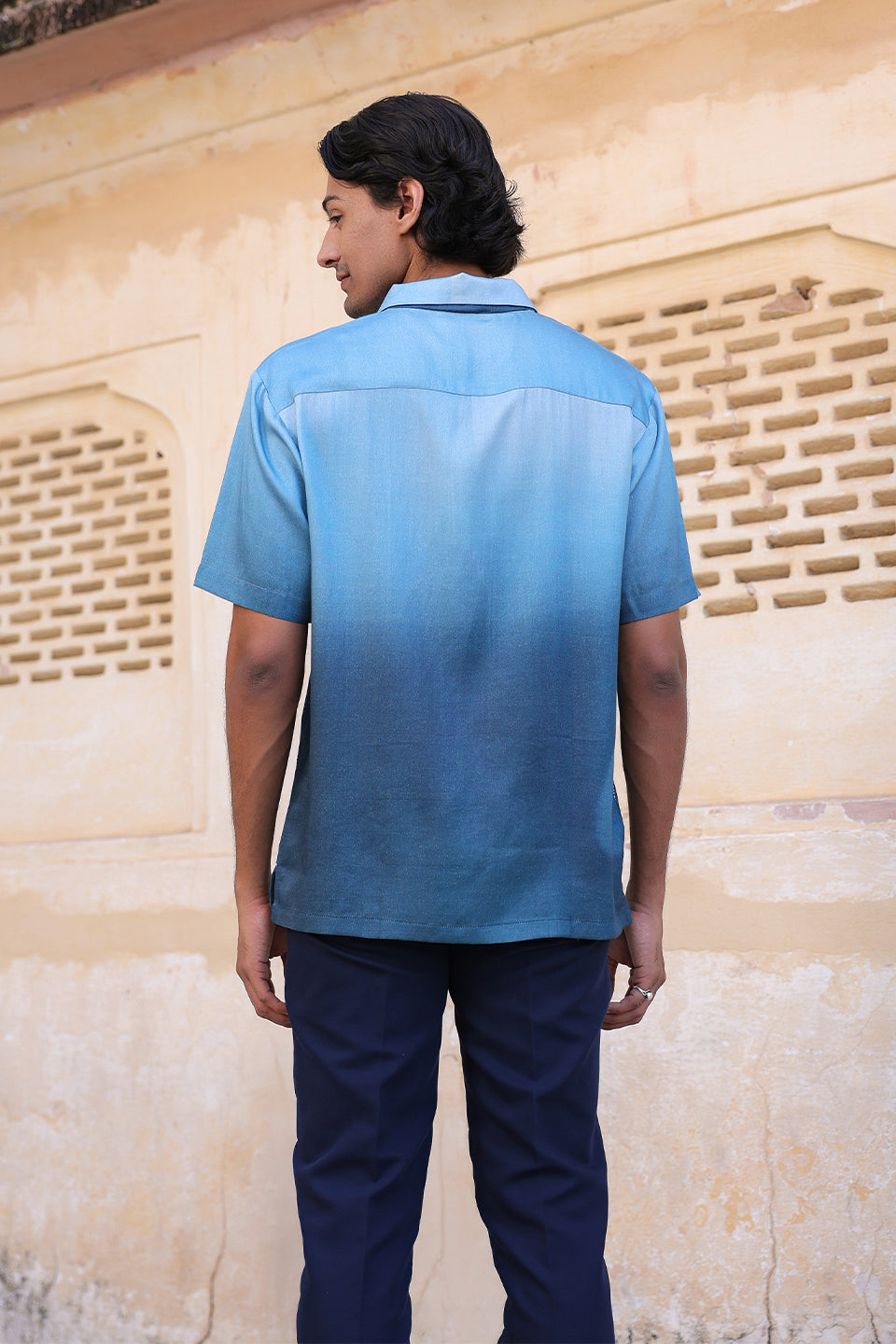 Blue Ombre Embroidered Cuban Collar Shirt