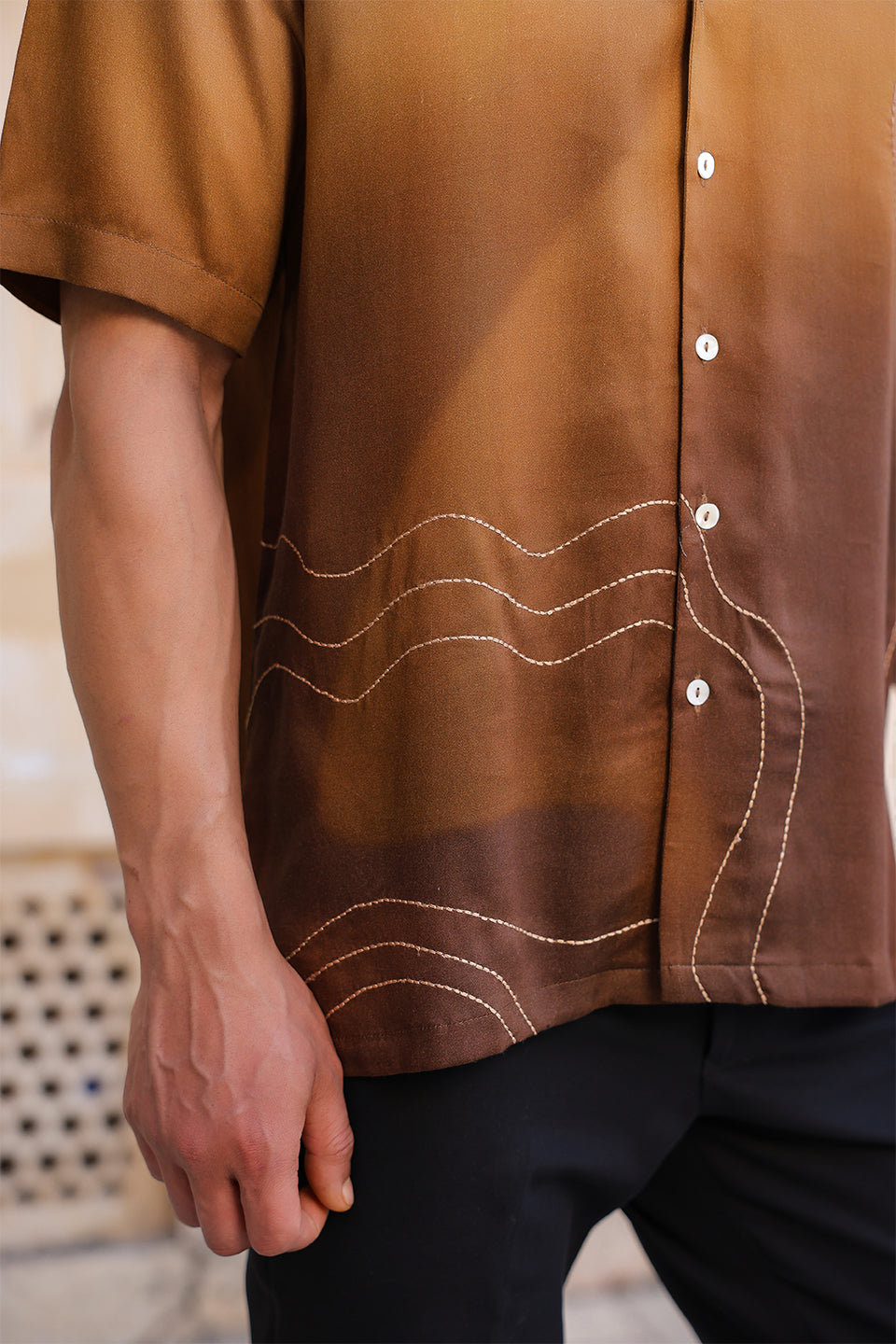 Brown Ombre Embroidered Cuban Collar Shirt