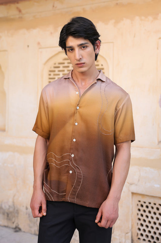 Brown Ombre Embroidered Cuban Collar Shirt