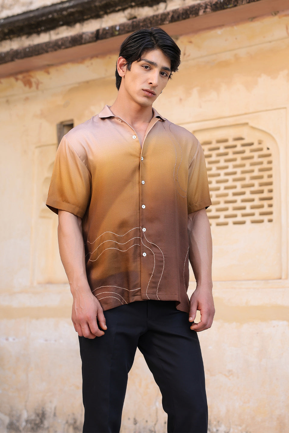 Brown Ombre Embroidered Cuban Collar Shirt
