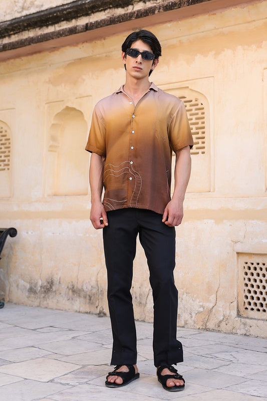 Brown Ombre Embroidered Cuban Collar Shirt