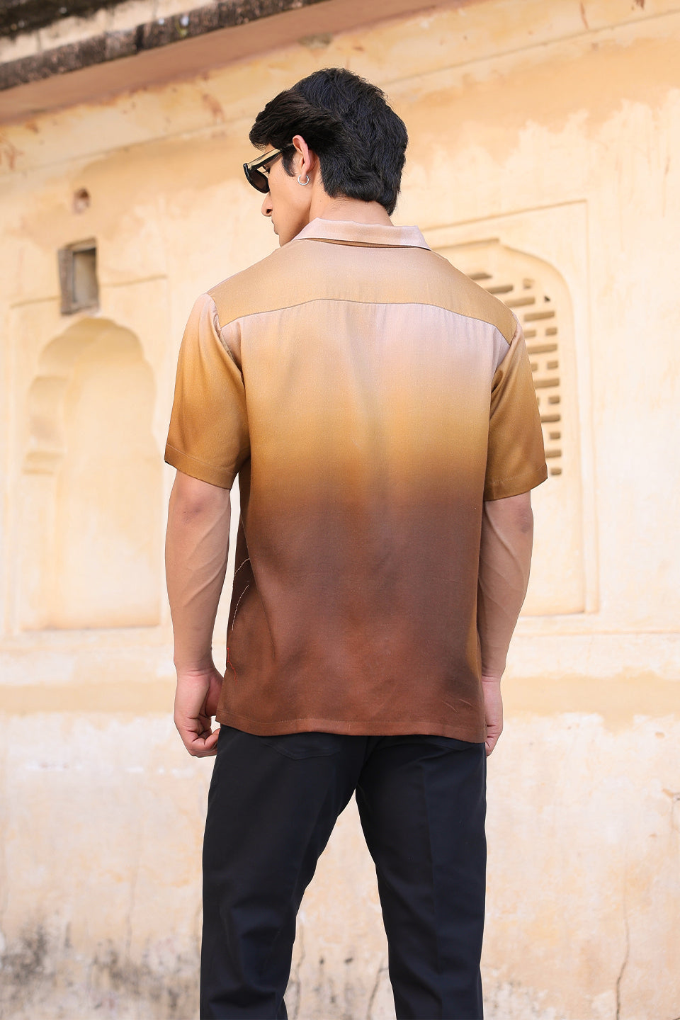 Brown Ombre Embroidered Cuban Collar Shirt