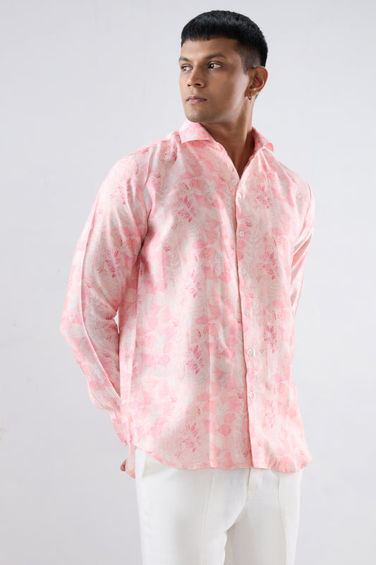 Pink Leaf Ecoprint Cutback Collar Full-Sleeve Shirt