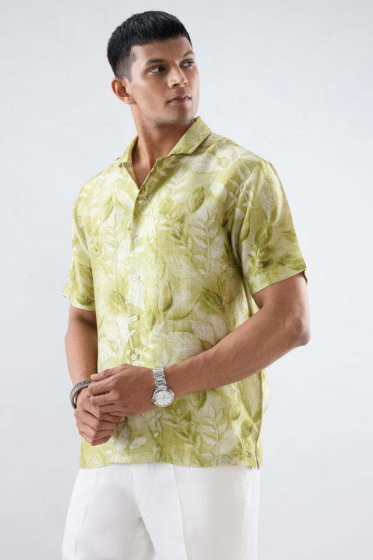 Green Leaf Ecoprint Cuban Collar Shirt