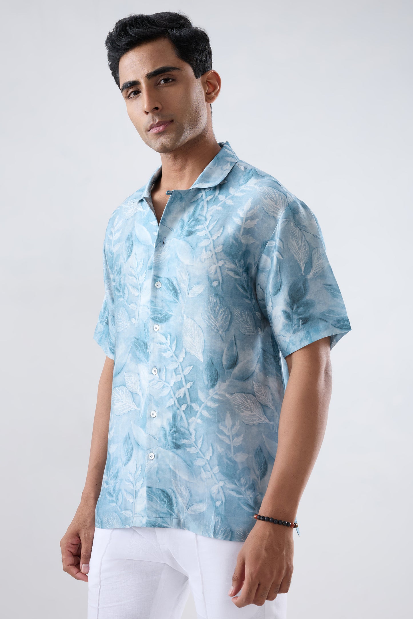 Light Blue leaf Ecoprint Cuban Collar Shirt