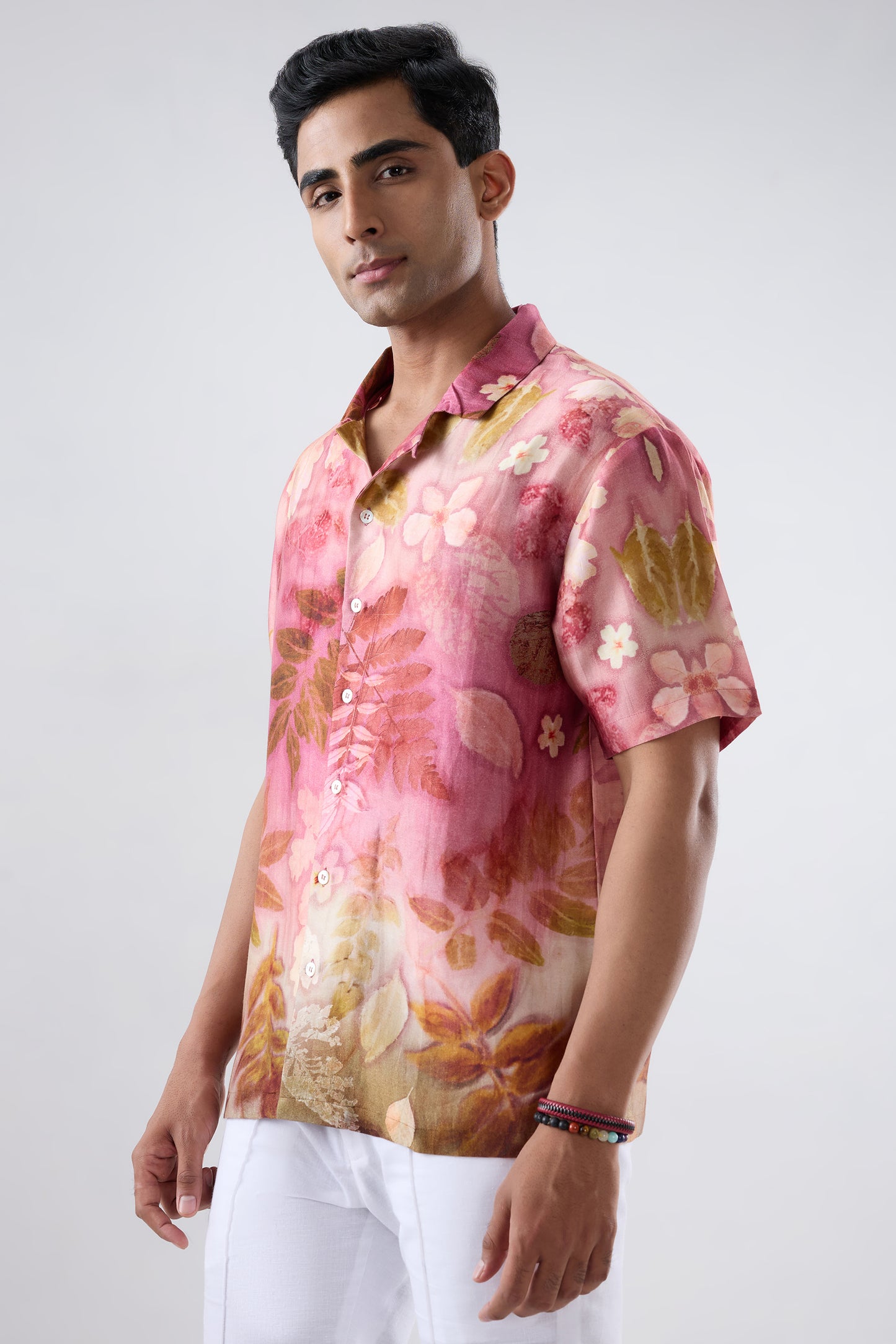 Pink Floral Ecoprint Cuban Collar Shirt