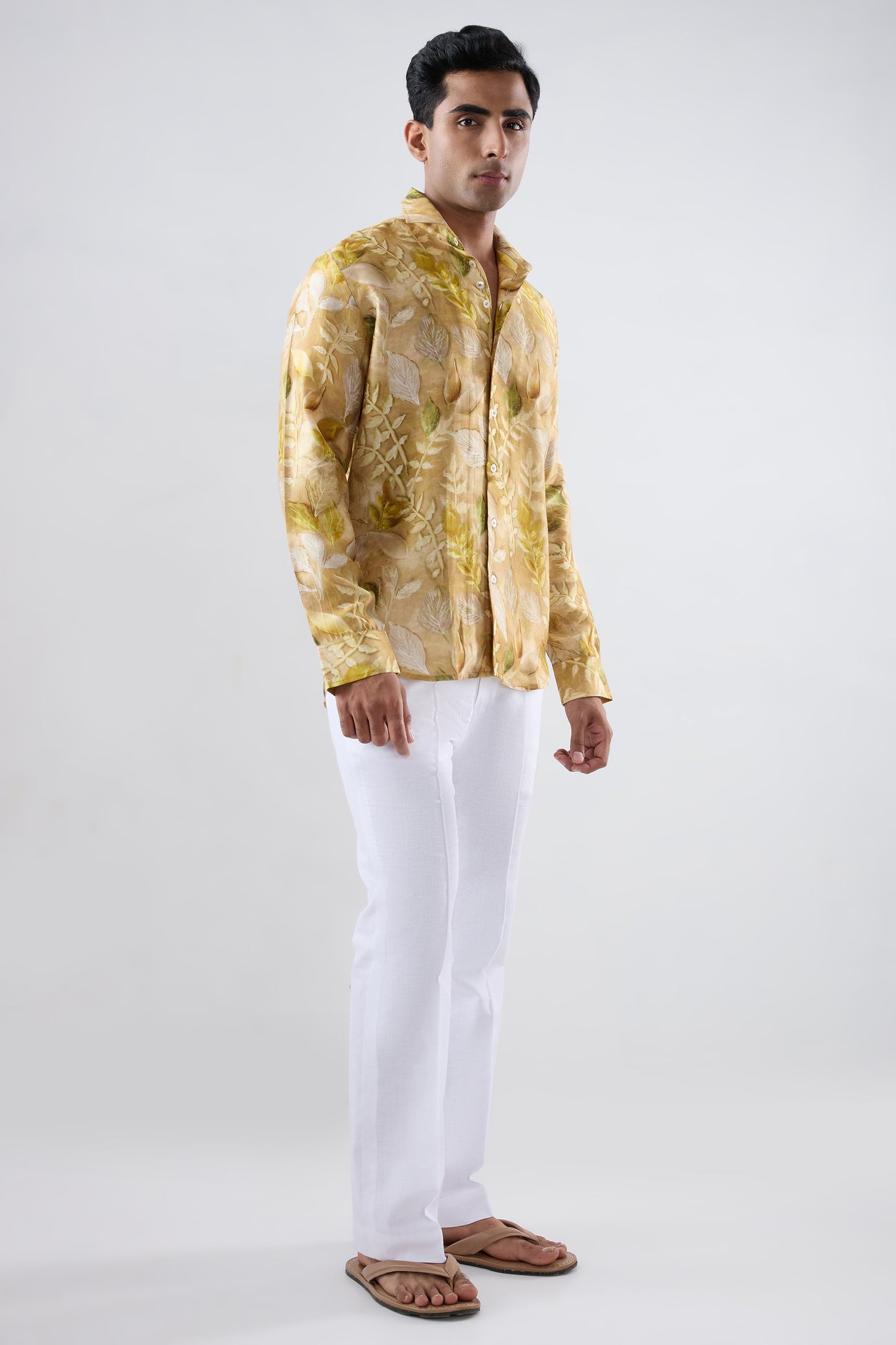 Yellow Leaf Ecoprint Cutback Collar Full-Sleeve Shirt