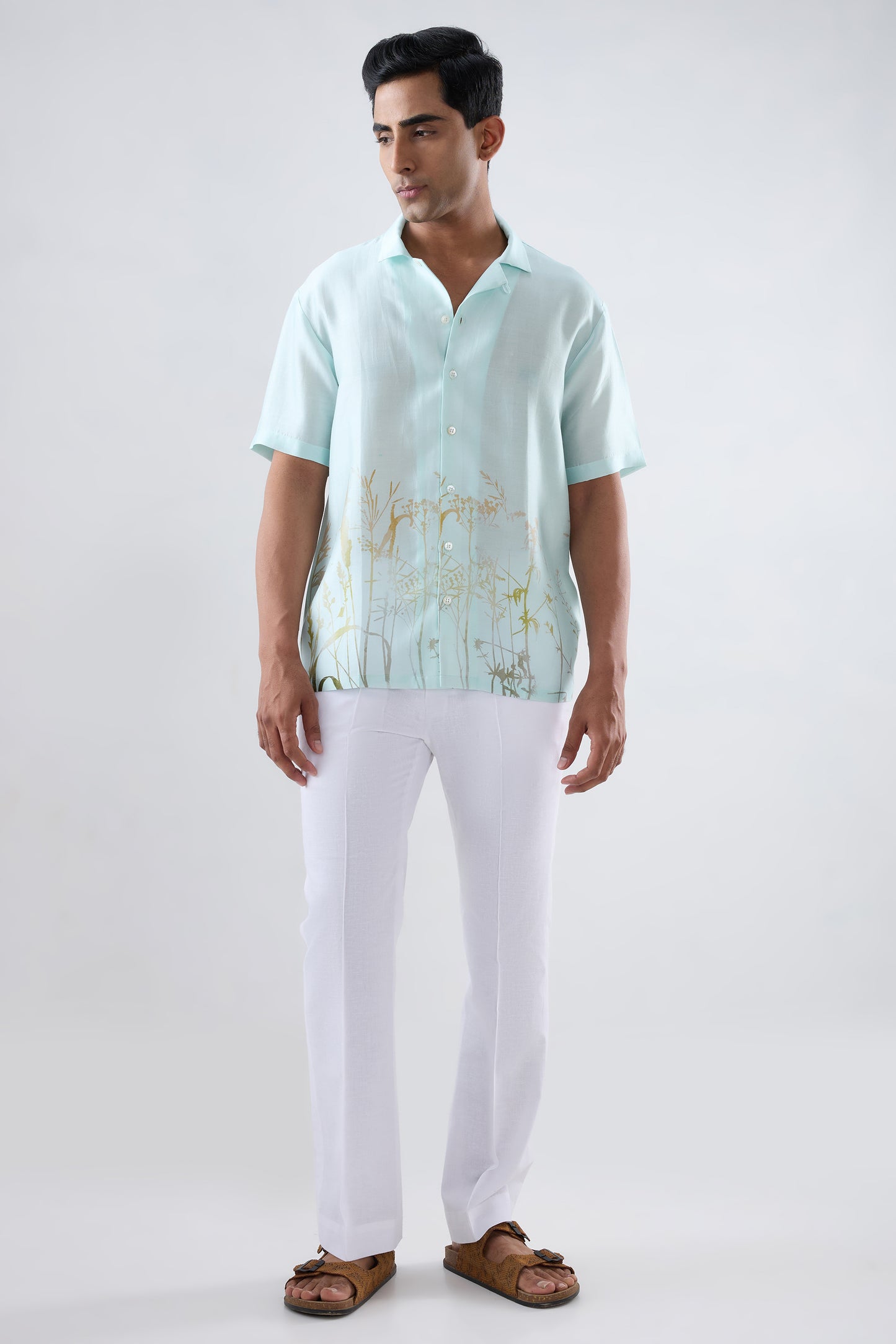 Sky Blue Ecoprint Cuban Collar Shirt