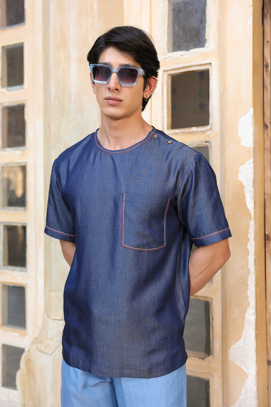 Dark Blue Crew Neck Denim T-Shirt